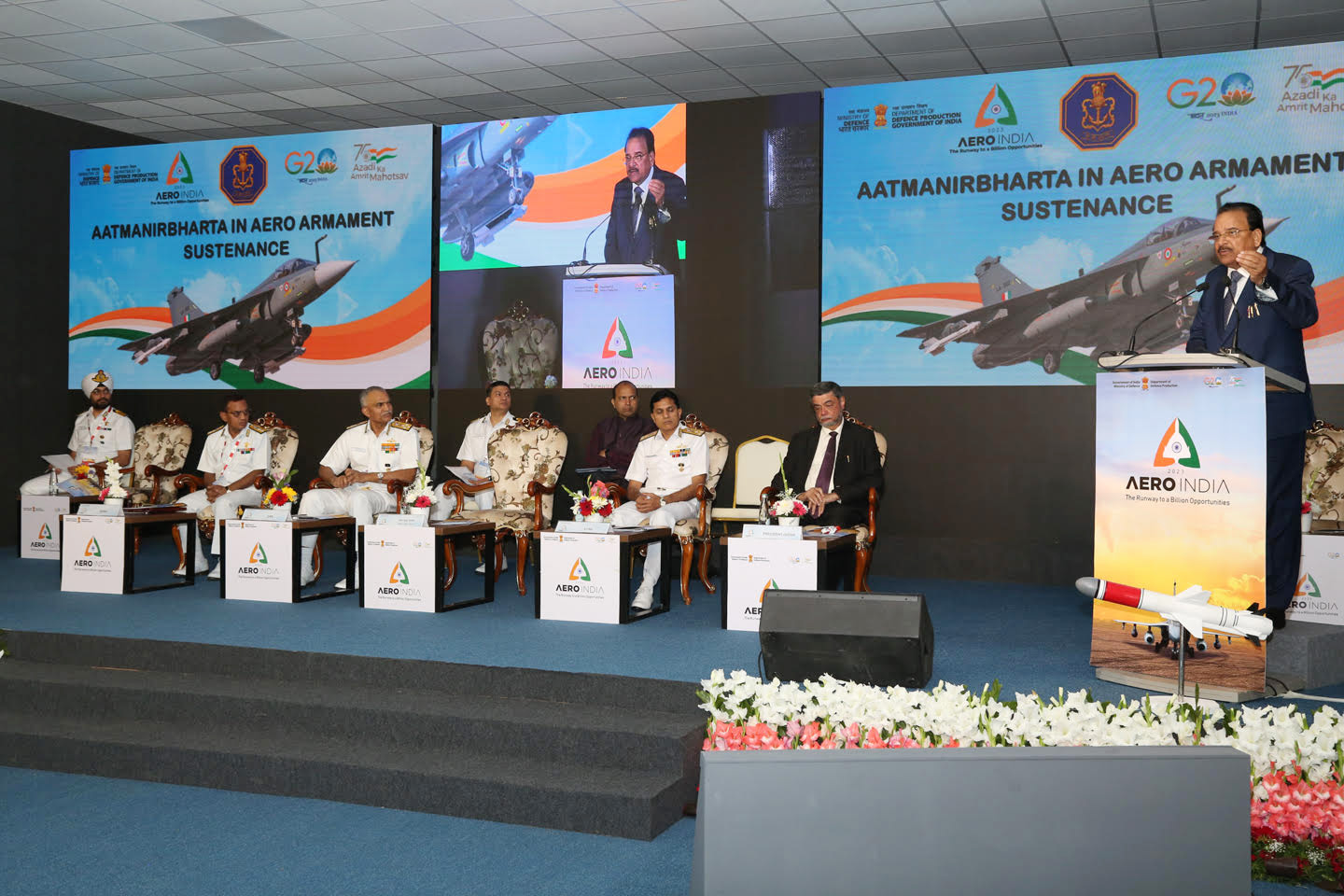 Raksha Rajya Mantri Shri Ajay Bhatt emphasized complete indigenisation of arms and ammunition for 'Aatmanirbhar Bharat' during the Indian Navy-DDP seminar at Aero India 2023